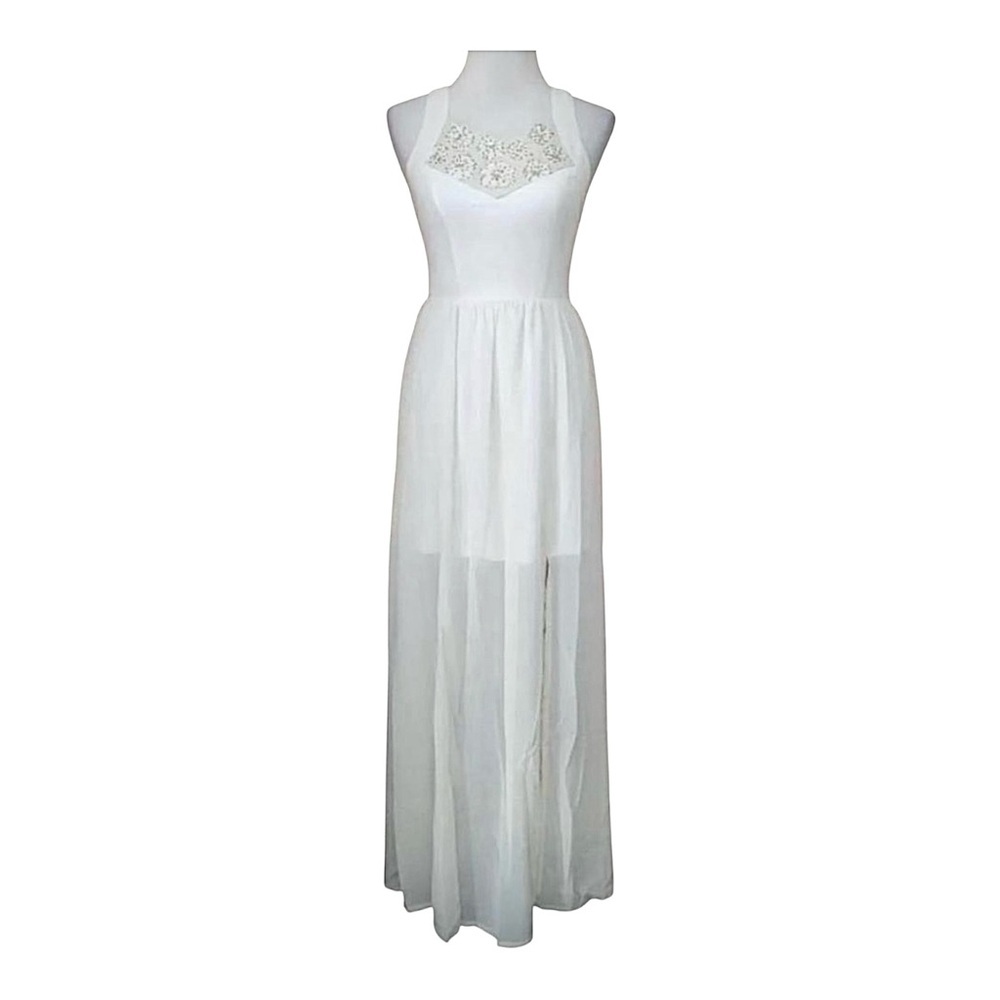 Cream Chiffon Maxi Dress Flowy Beaded Gold Embroidery Modcloth Marineblu Small